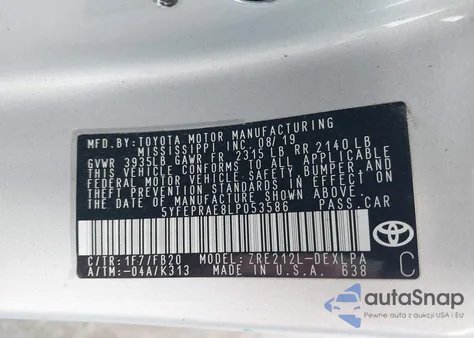 2020 Toyota Corolla Le из США, поврежденный, VIN 5YFEPRAE8LP053586